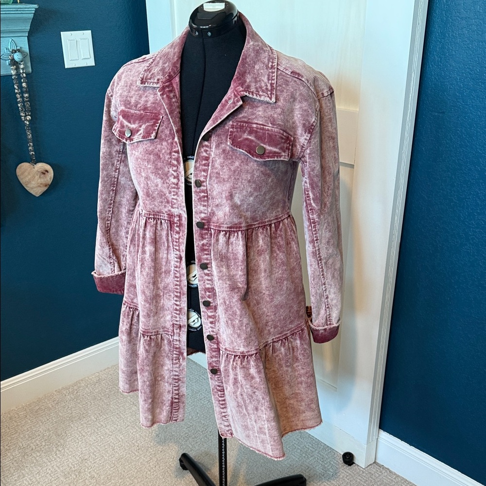 Pink Button-Up Denim Tiered Dress